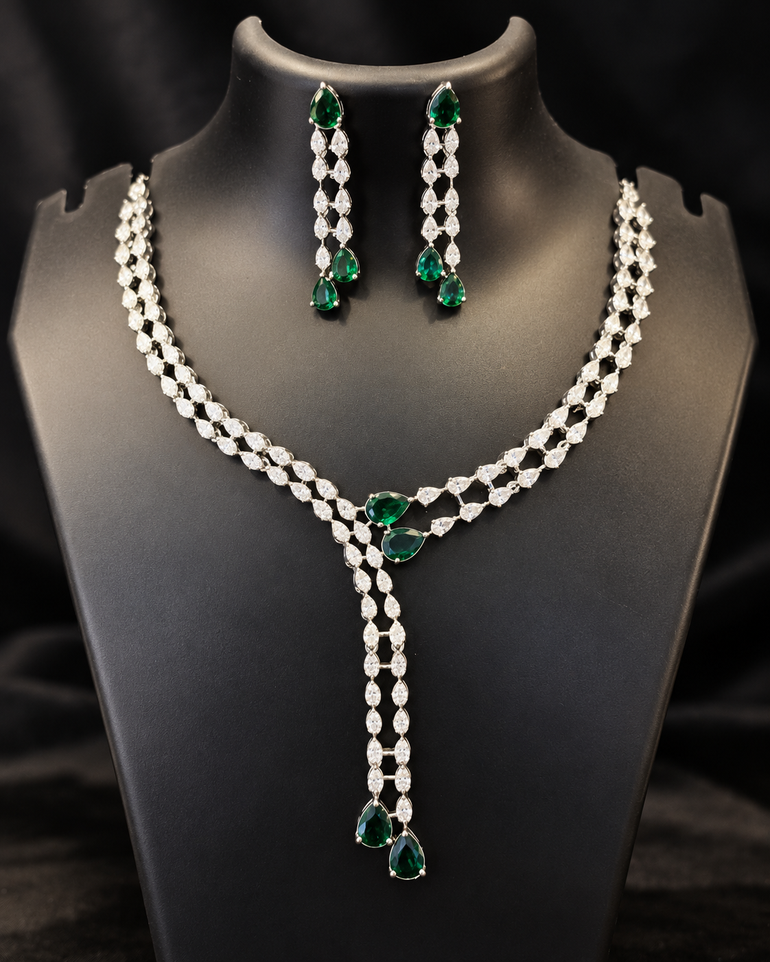 Emerald Green Stone Long Necklace Set with Matching Earrings | T302714324