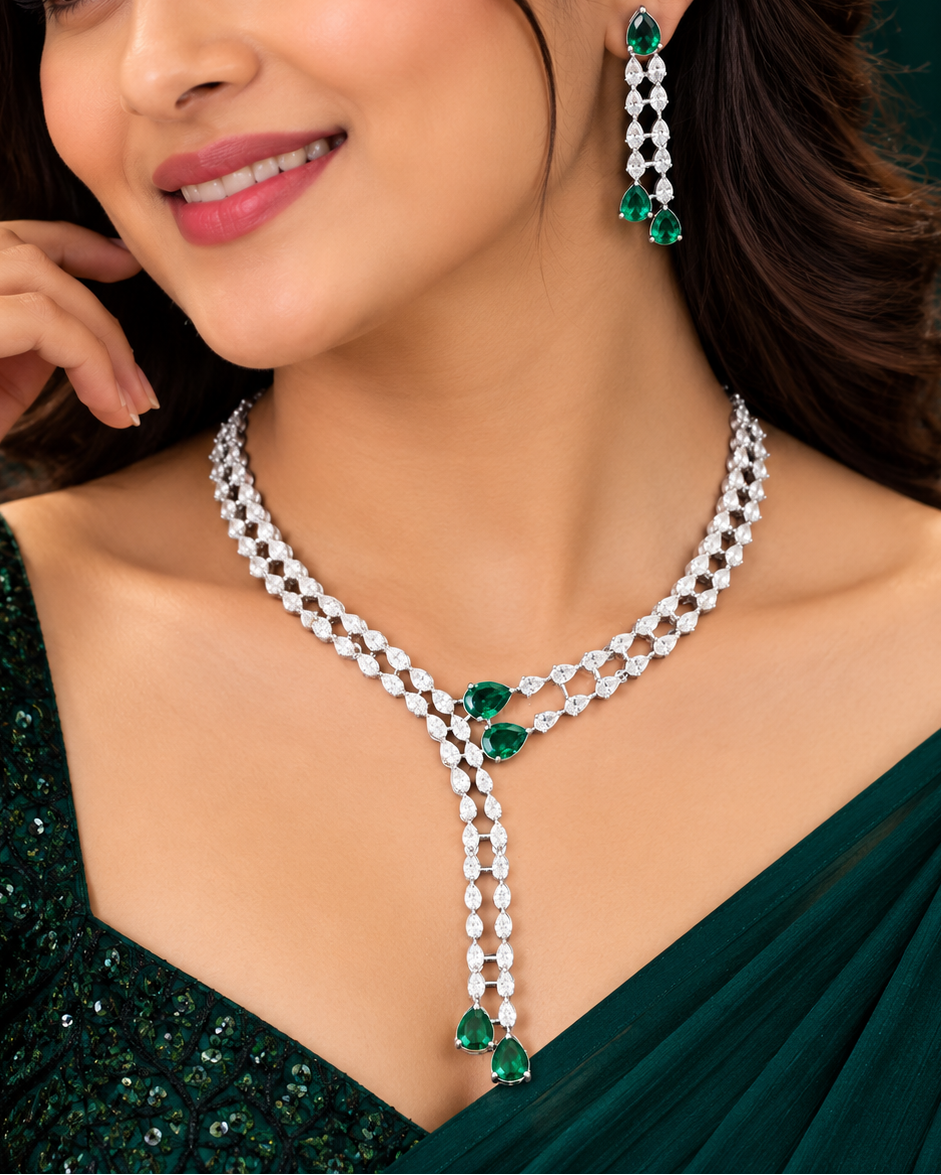 Emerald Green Stone Long Necklace Set with Matching Earrings | T302714324