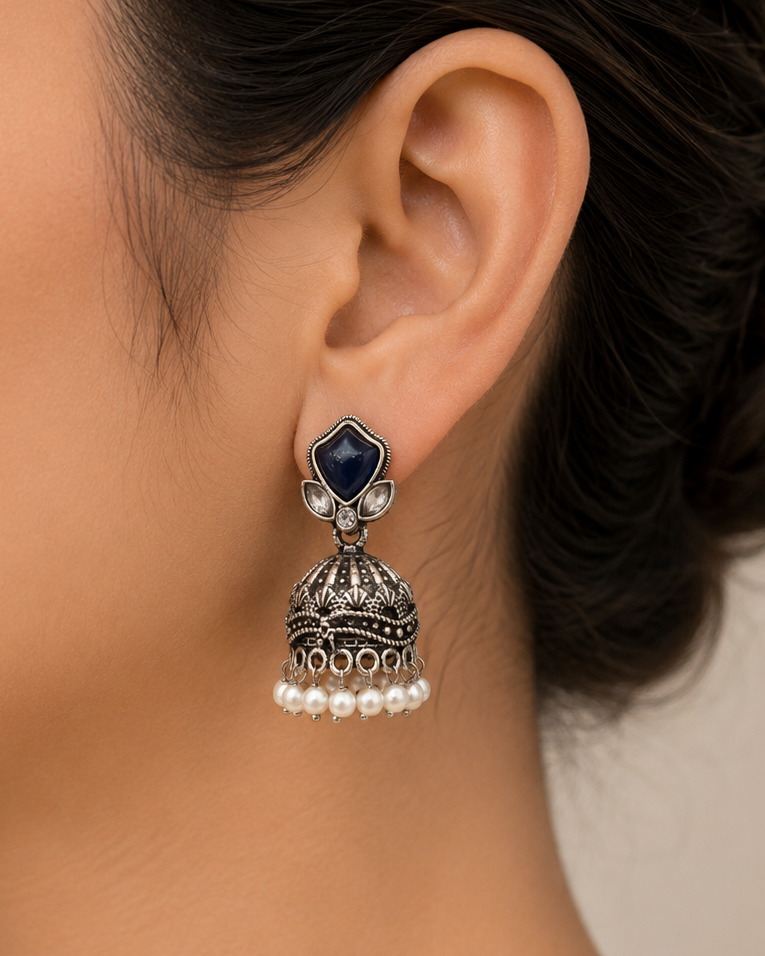 Oxidised Silver Navy Blue Stone Jhumka Earrings with Pearl Drops | LLB0195