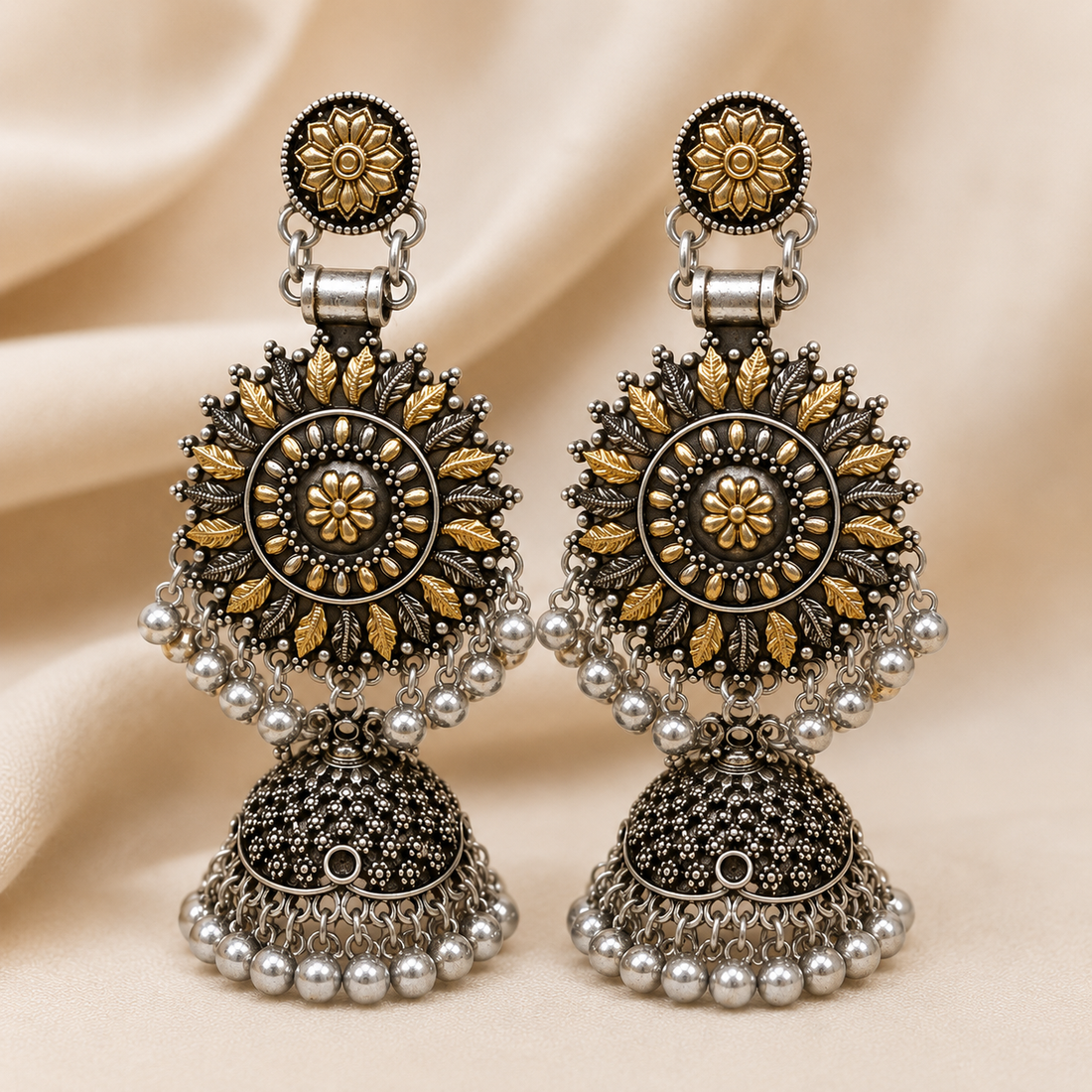 Dual-Tone Oxidised Silver Gold Sunflower Jhumka Earrings | LLB0196