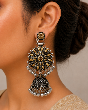 Dual-Tone Oxidised Silver Gold Sunflower Jhumka Earrings | LLB0196