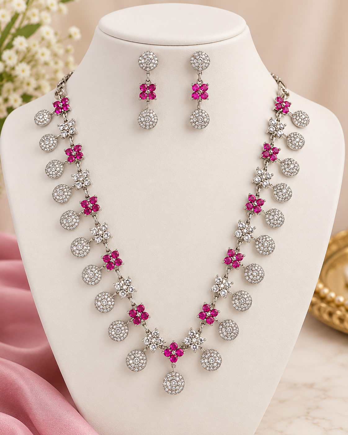 Pink American Diamond Necklace Set | THV122