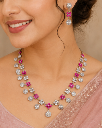 Pink American Diamond Necklace Set | THV122