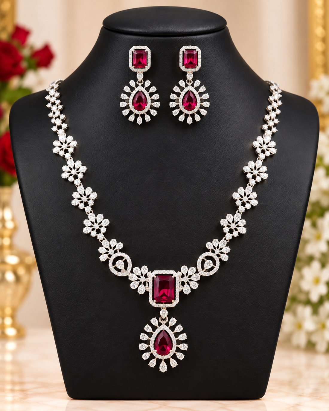 Ruby Floral American Diamond Necklace Set | | THV123