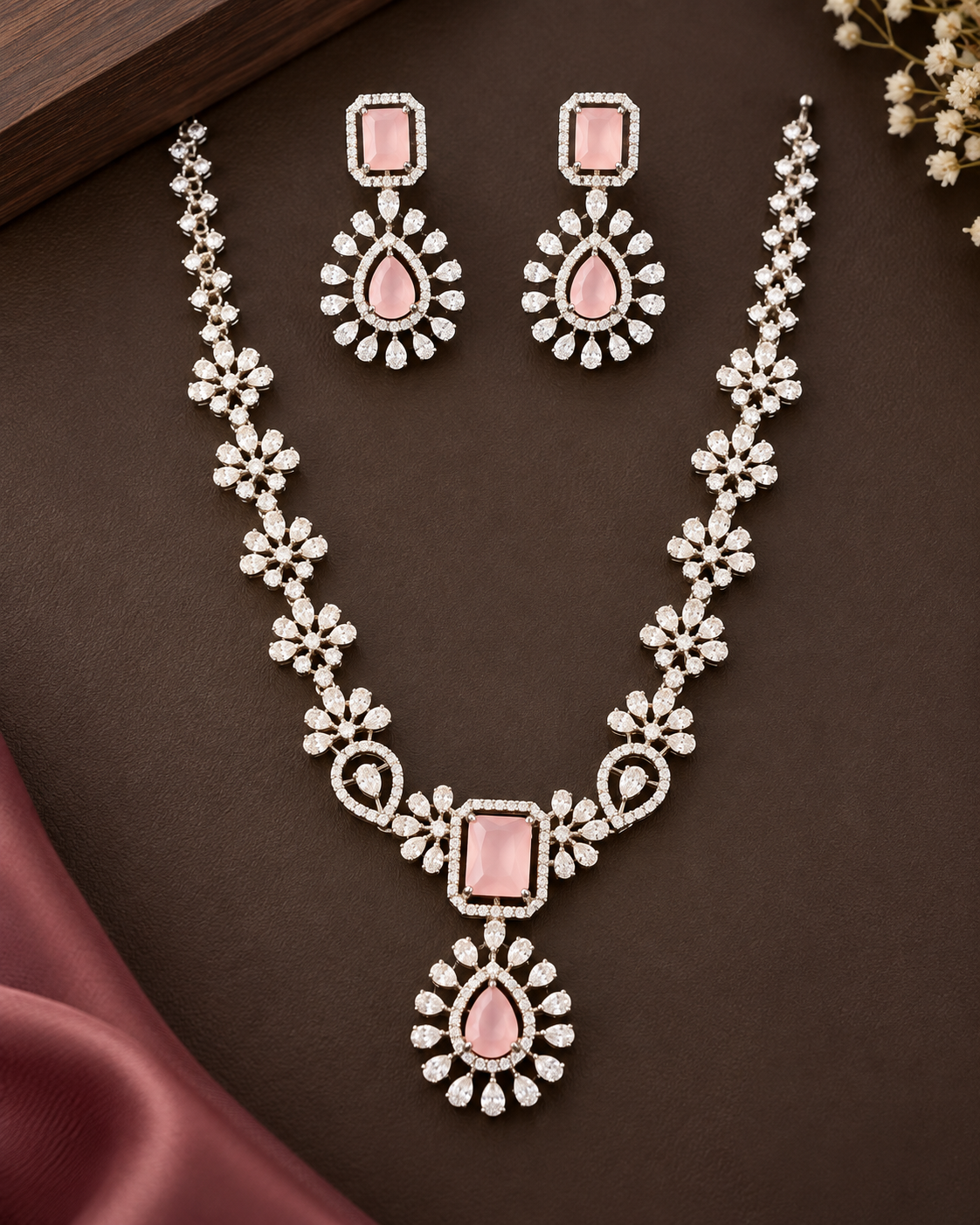 Pink Floral AD Necklace Set | THV123