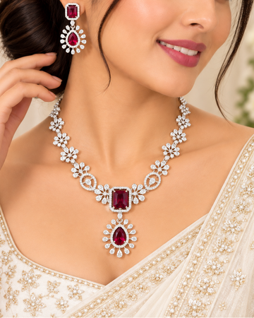 Ruby Floral American Diamond Necklace Set | | THV123