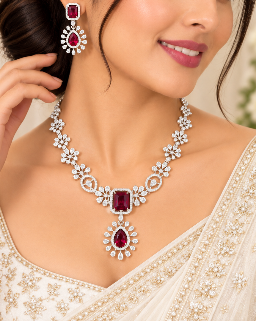 Ruby Floral American Diamond Necklace Set | | THV123