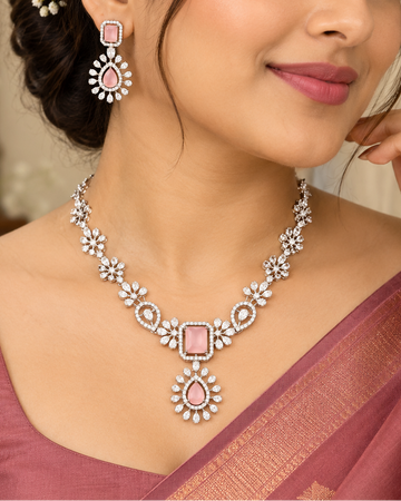 Pink Floral AD Necklace Set | THV123