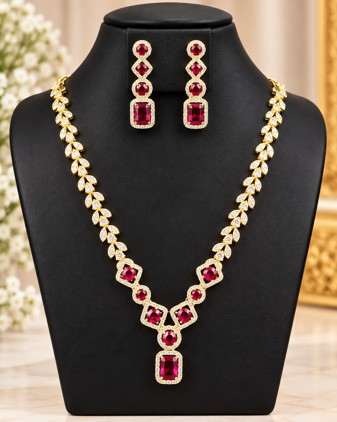 Ruby Leaf American Diamond Necklace Set | THV127