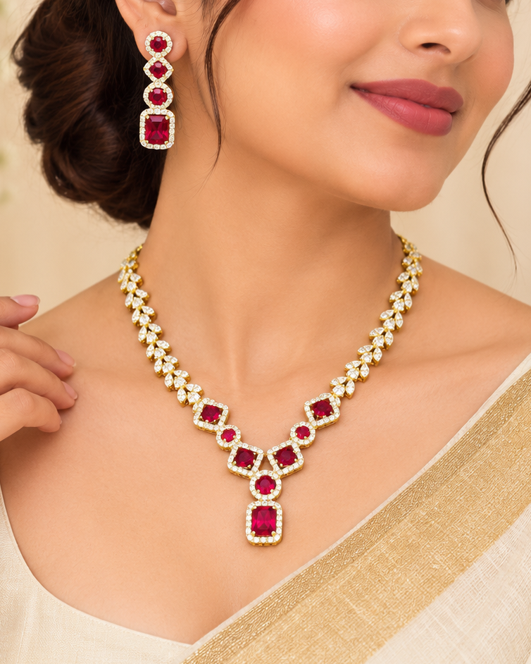 Ruby Leaf American Diamond Necklace Set | THV127