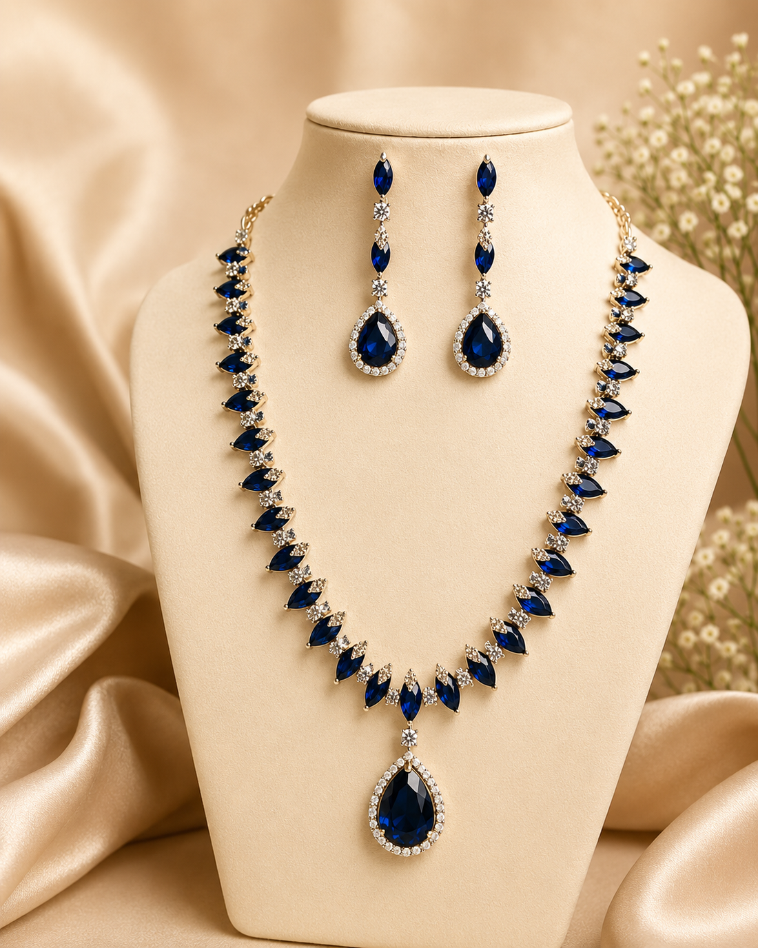 Blue Stone American Diamond Necklace Set  |  THV140