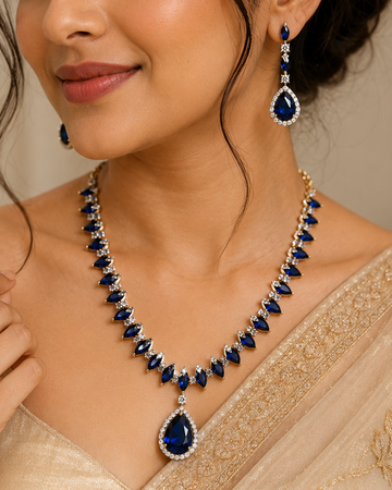 Blue Stone American Diamond Necklace Set  |  THV140