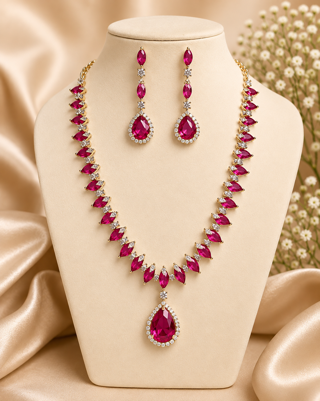 Pink Stone American Diamond Necklace Set - P2  |  THV140