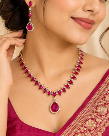 Pink Stone American Diamond Necklace Set - P2  |  THV140