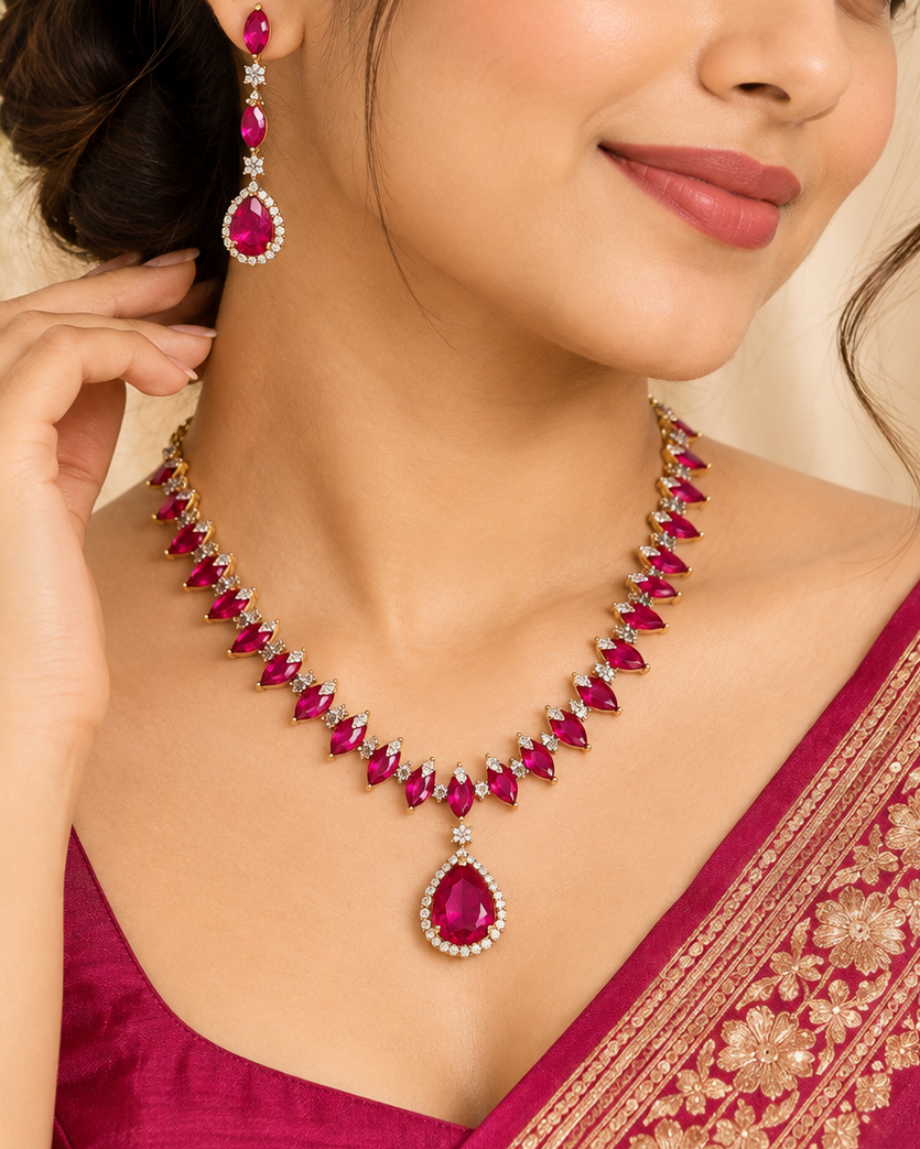 Pink Stone American Diamond Necklace Set - P2  |  THV140