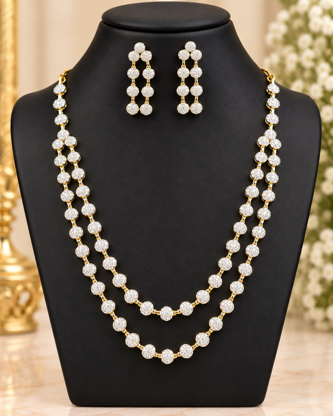 American Diamond Double Strand Necklace Set | THV143