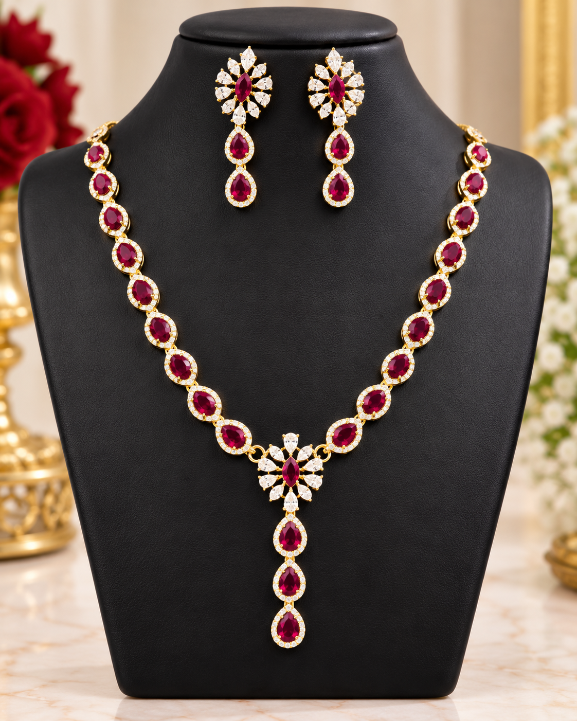 Ruby Floral American Diamond Necklace Set | THV156