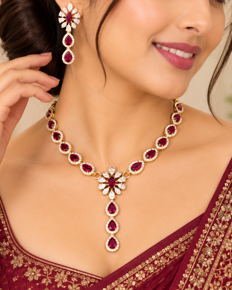 Ruby Floral American Diamond Necklace Set | THV156