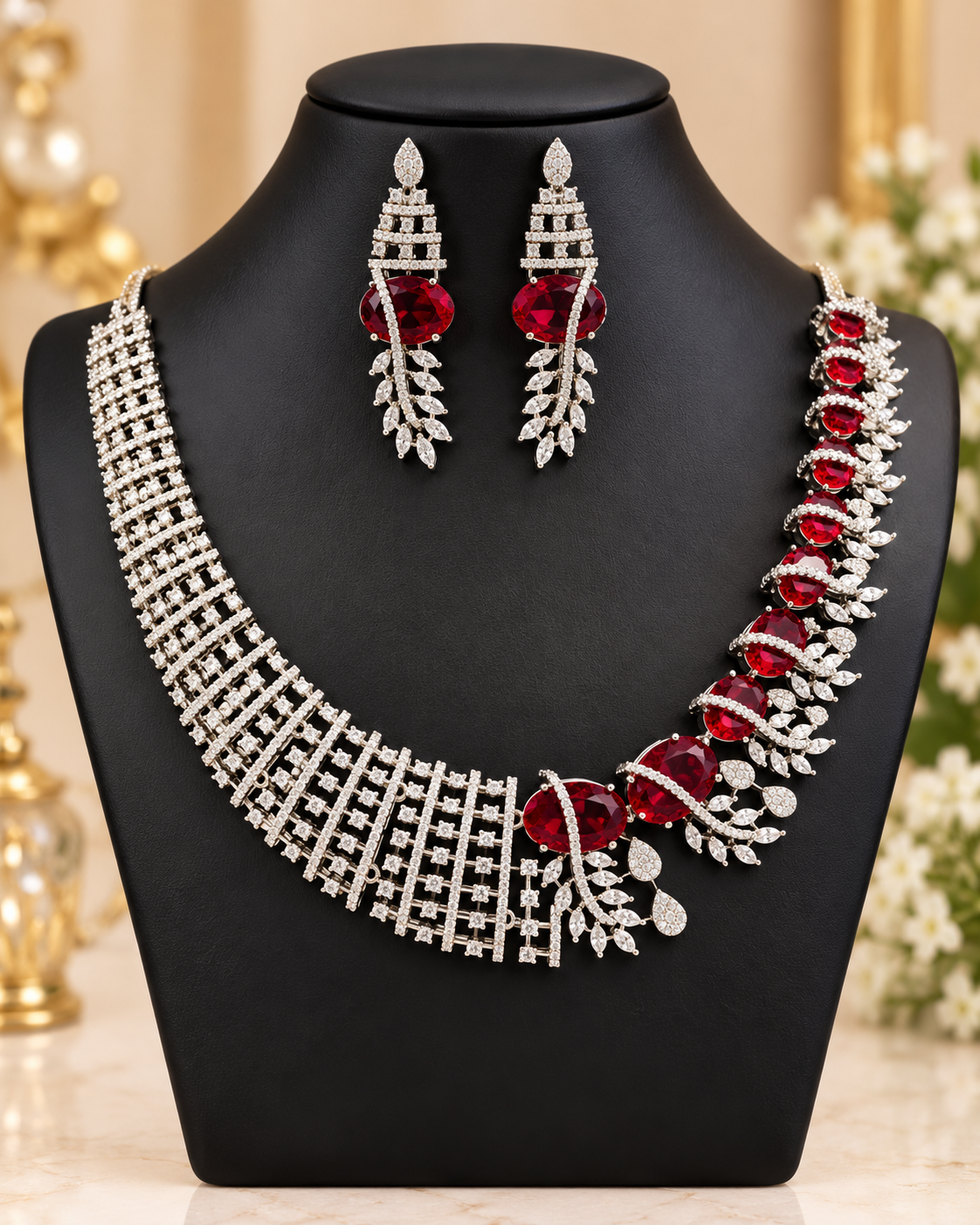 Ruby Silver American Diamond Necklace Set | THV157