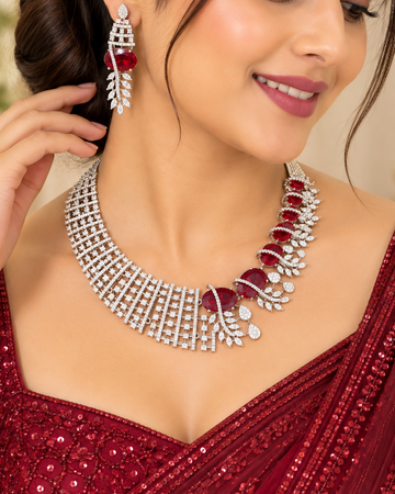 Ruby Silver American Diamond Necklace Set | THV157