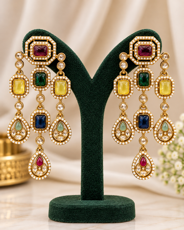 Multicolor Gold-Tone Geometric Statement Earrings with Pearl Beading and Gemstone Drops | THV514