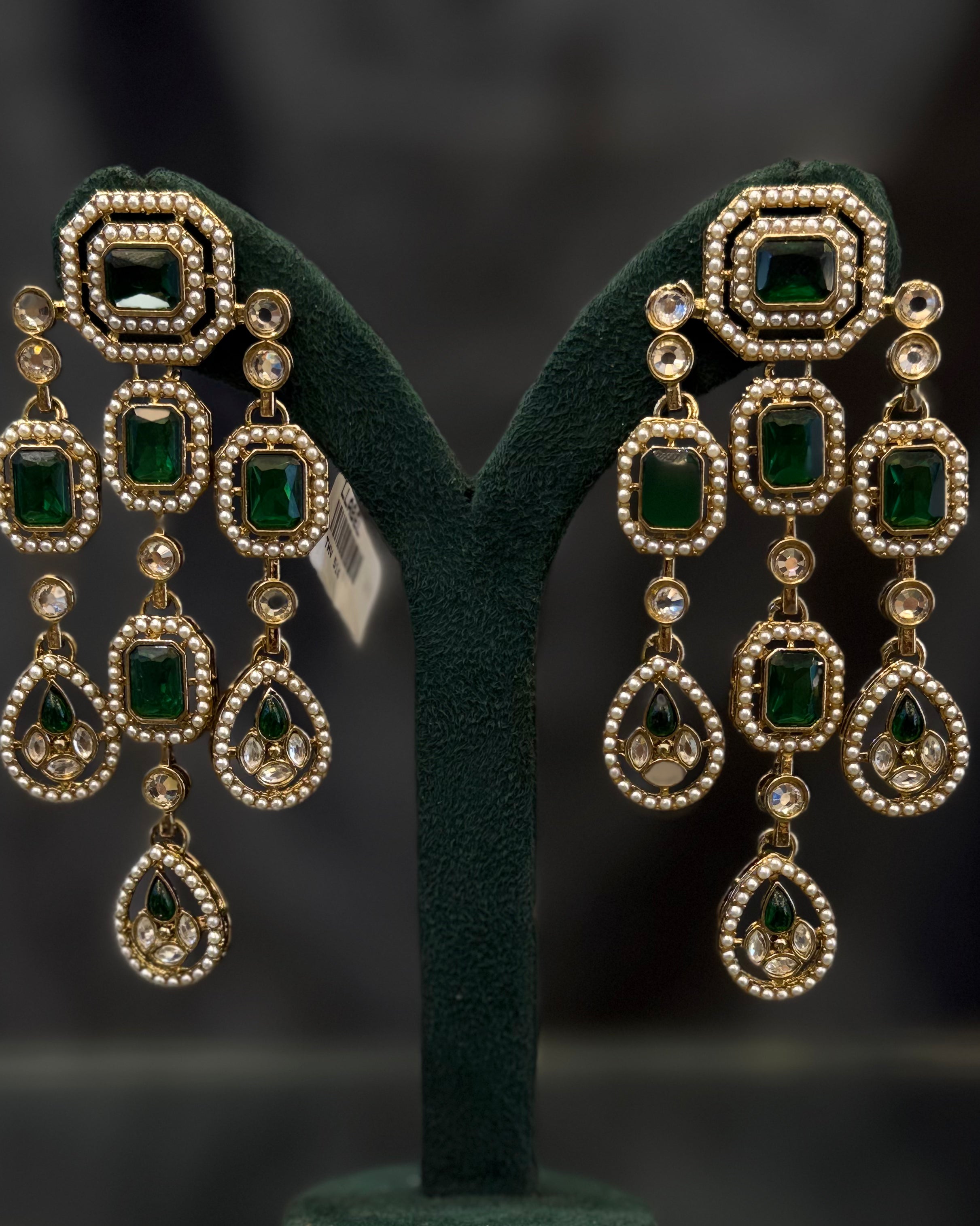 Multicolor Gold-Tone Geometric Statement Earrings with Pearl Beading and Gemstone Drops | THV514