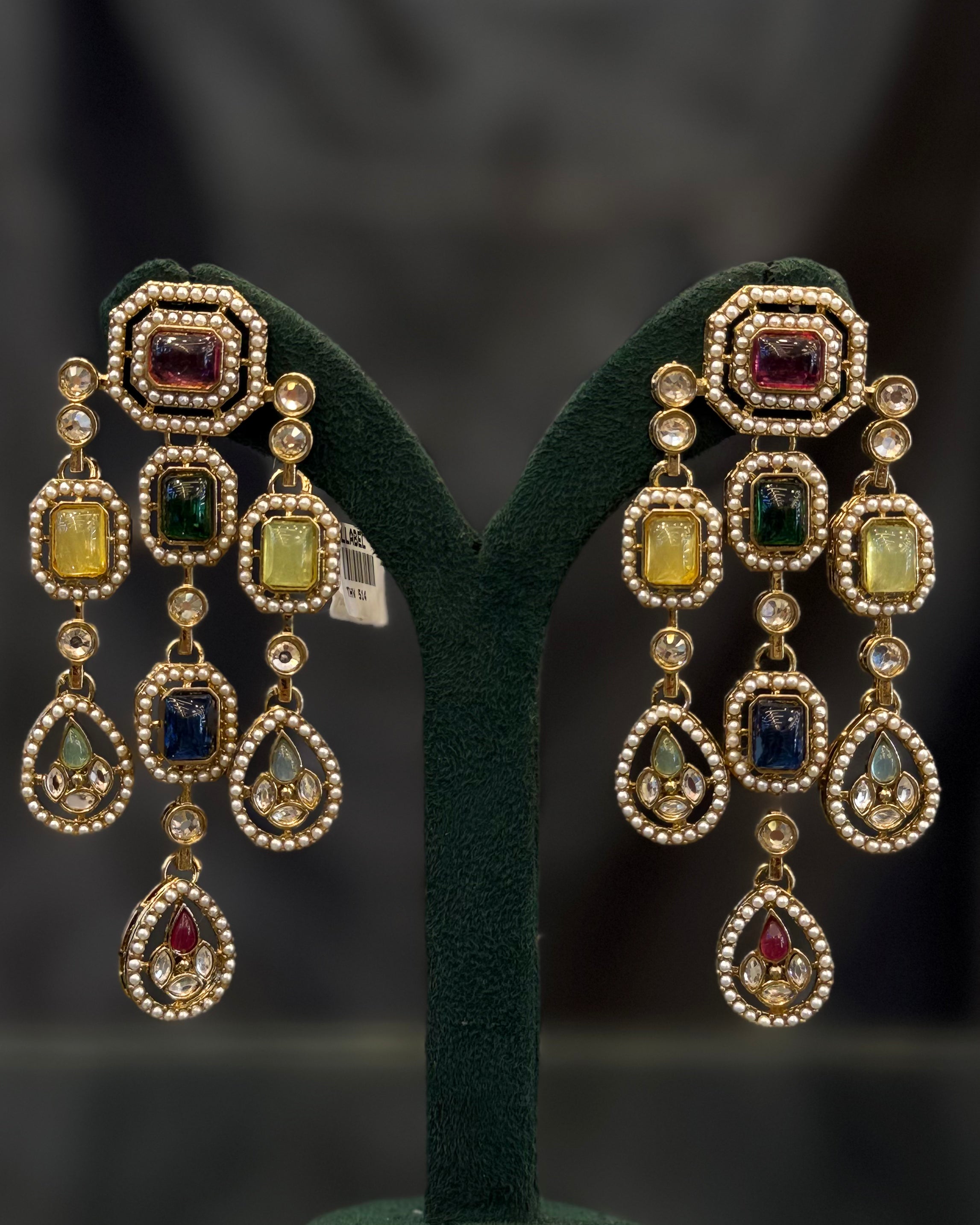 Multicolor Gold-Tone Geometric Statement Earrings with Pearl Beading and Gemstone Drops | THV514