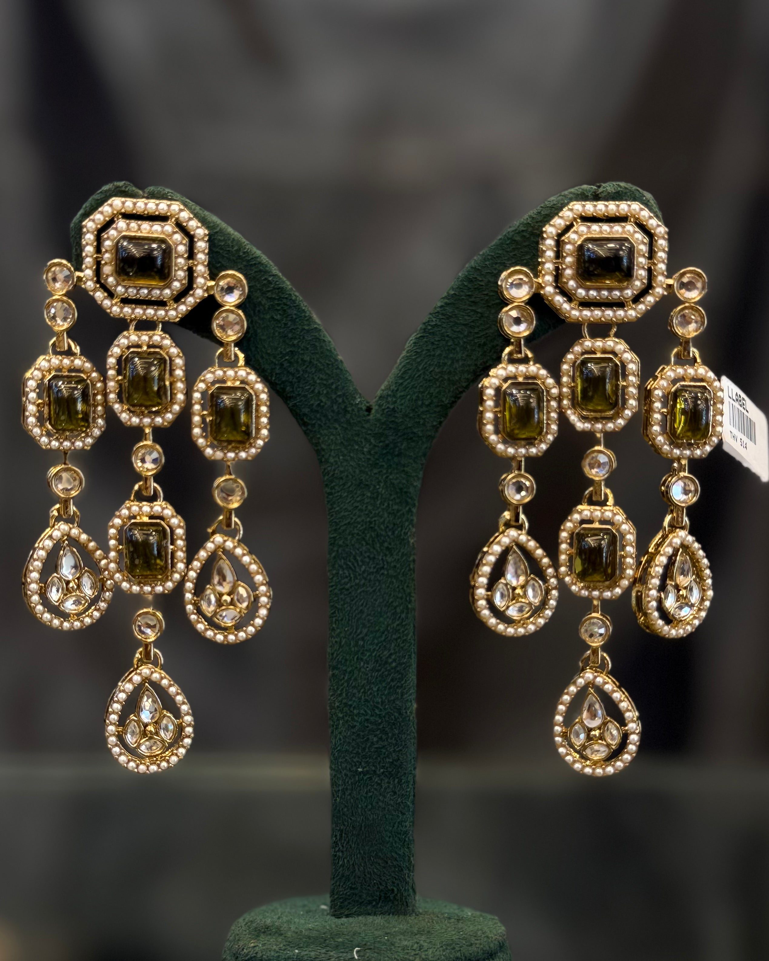 Multicolor Gold-Tone Geometric Statement Earrings with Pearl Beading and Gemstone Drops | THV514