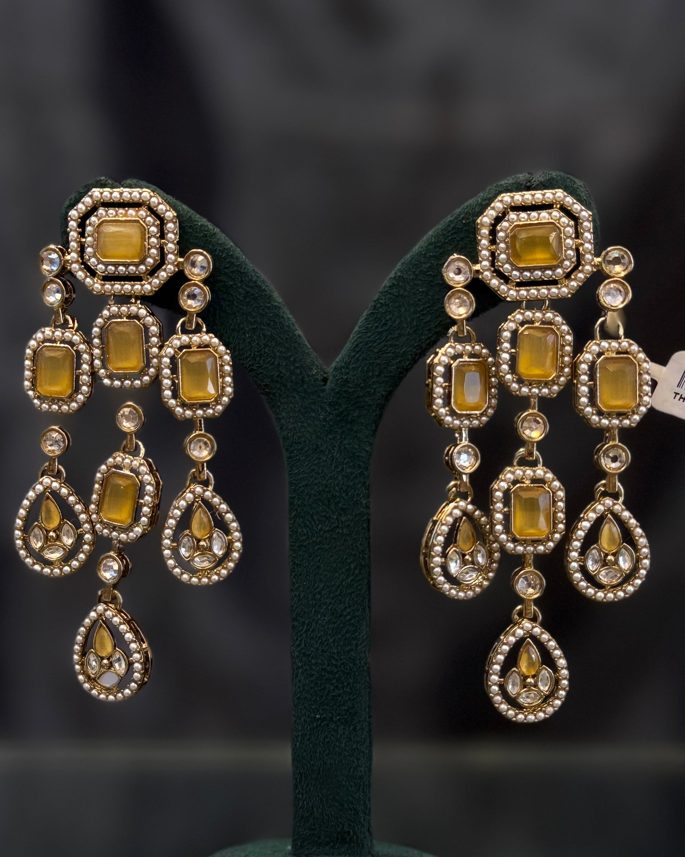 Multicolor Gold-Tone Geometric Statement Earrings with Pearl Beading and Gemstone Drops | THV514