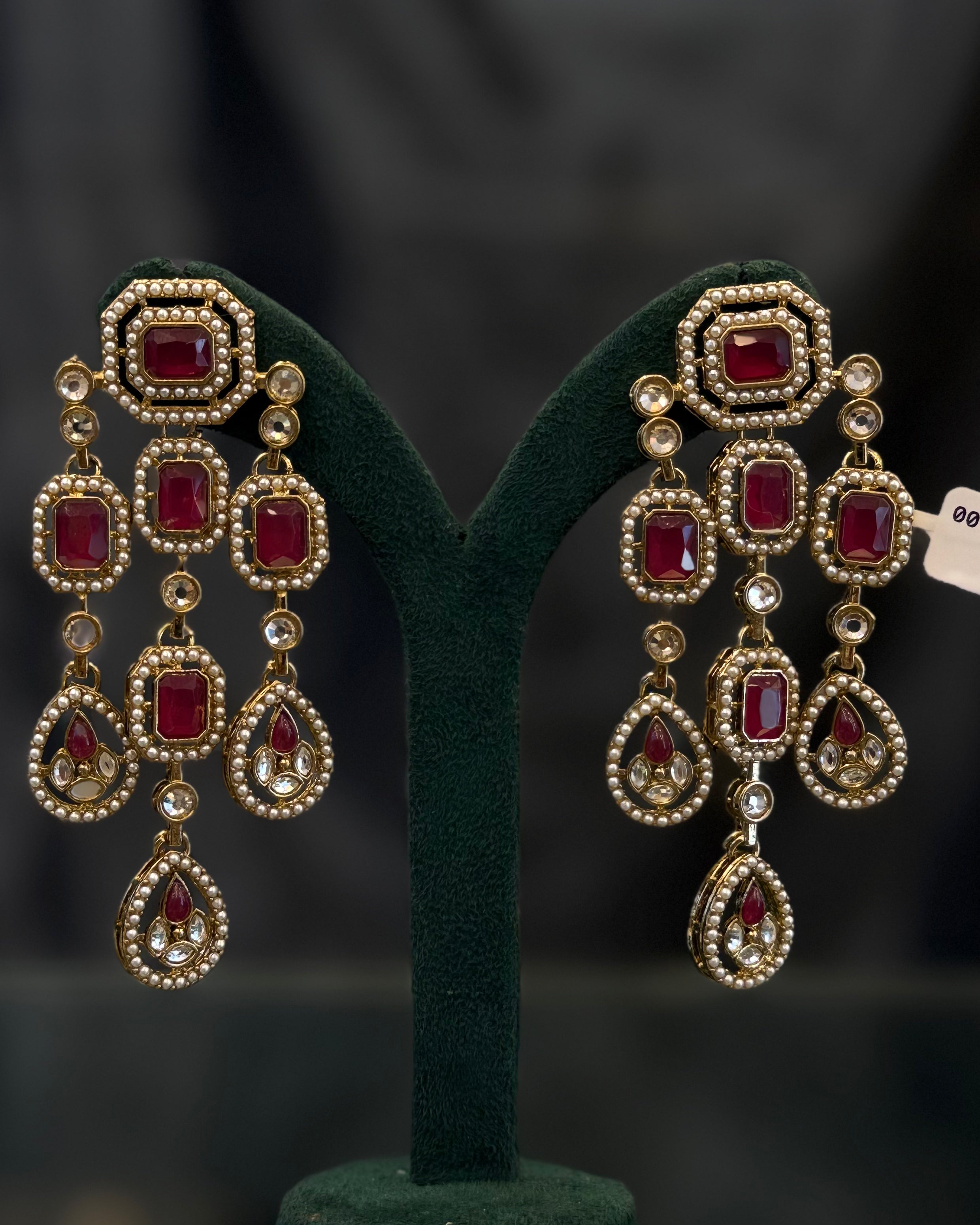 Multicolor Gold-Tone Geometric Statement Earrings with Pearl Beading and Gemstone Drops | THV514