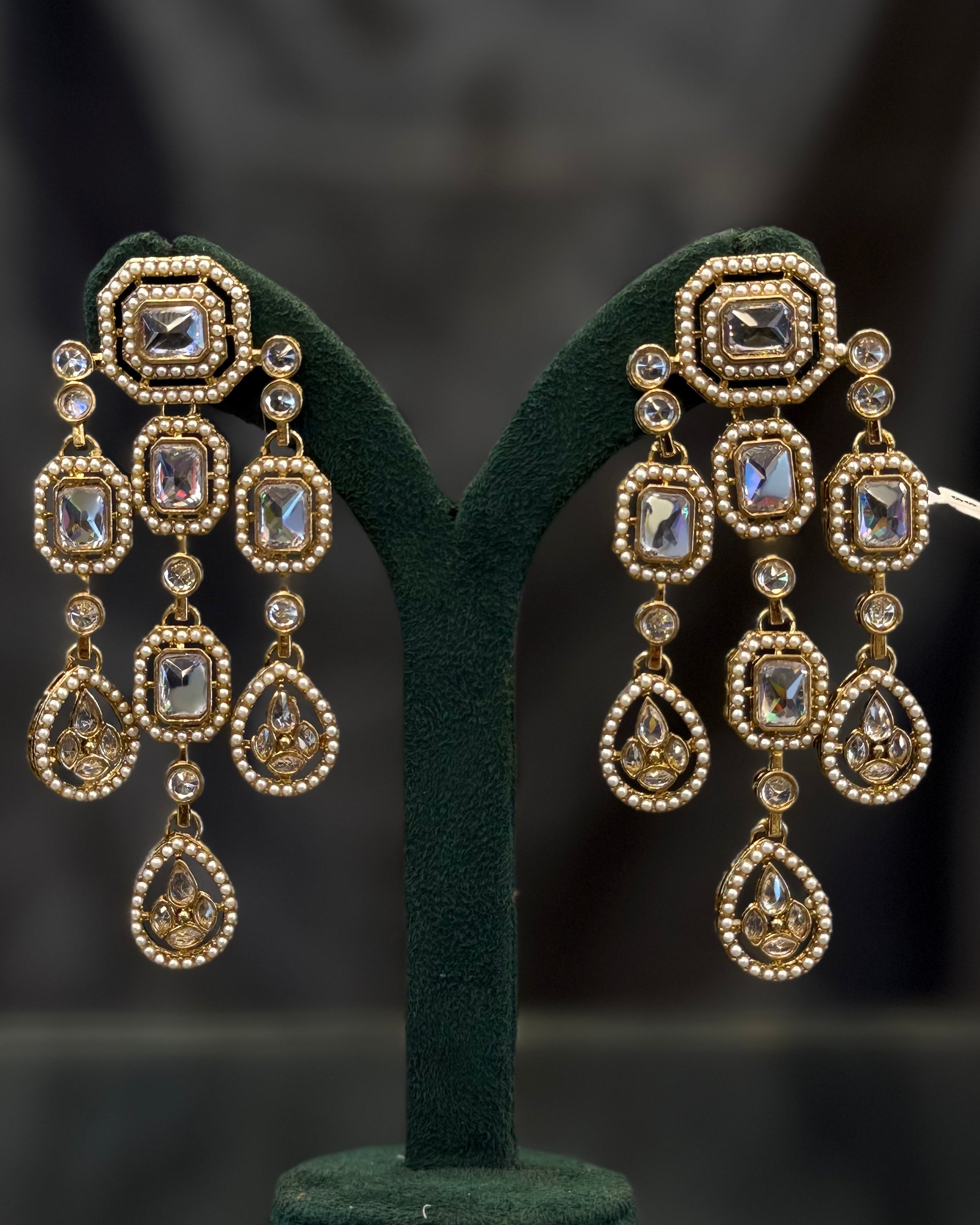 Multicolor Gold-Tone Geometric Statement Earrings with Pearl Beading and Gemstone Drops | THV514