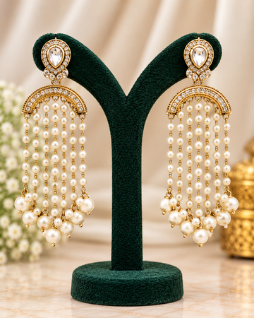 Gold-Tone Pearl Tassel Earrings with Crystal Teardrop Studs | THV517
