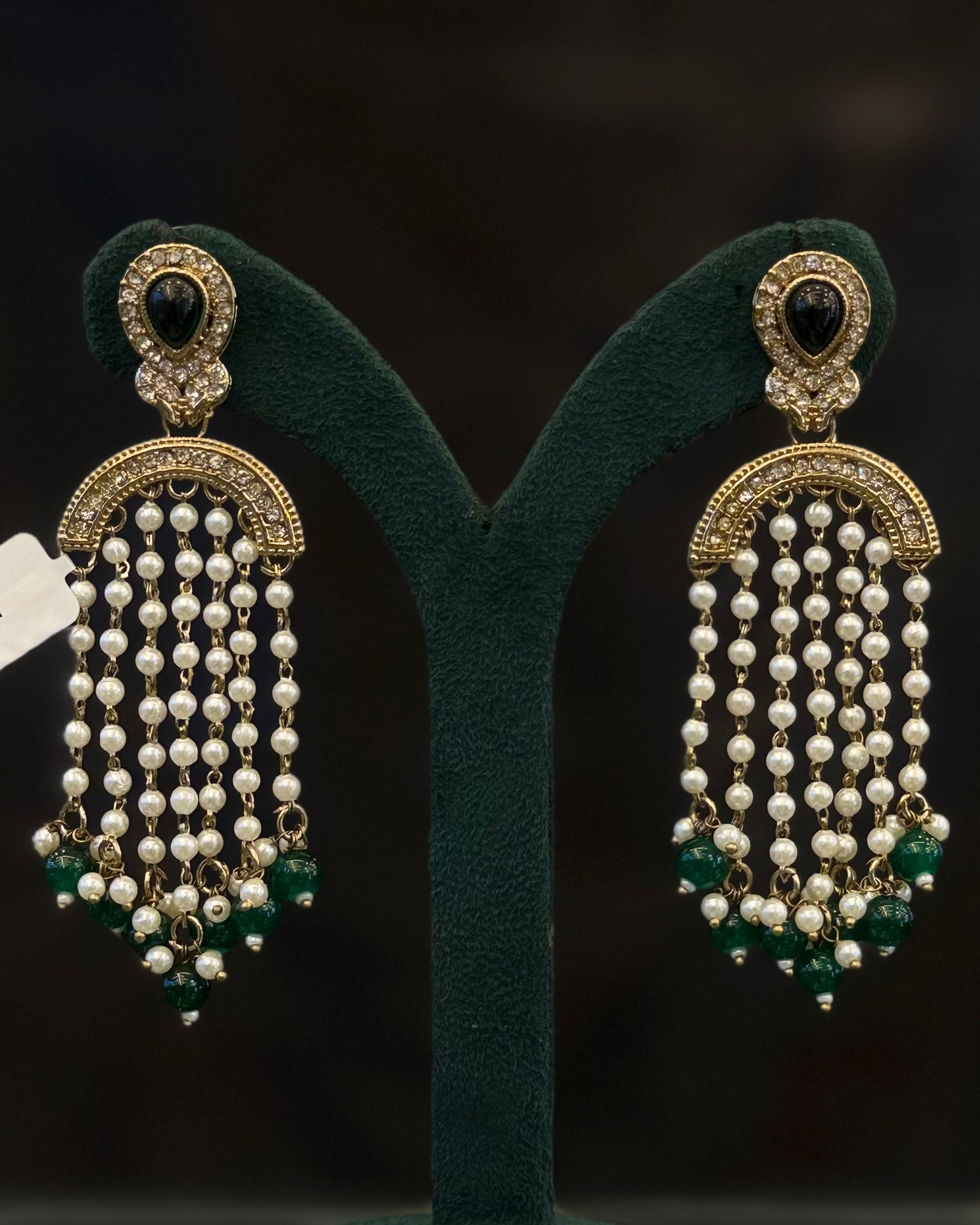 Gold-Tone Pearl Tassel Earrings with Crystal Teardrop Studs | THV517