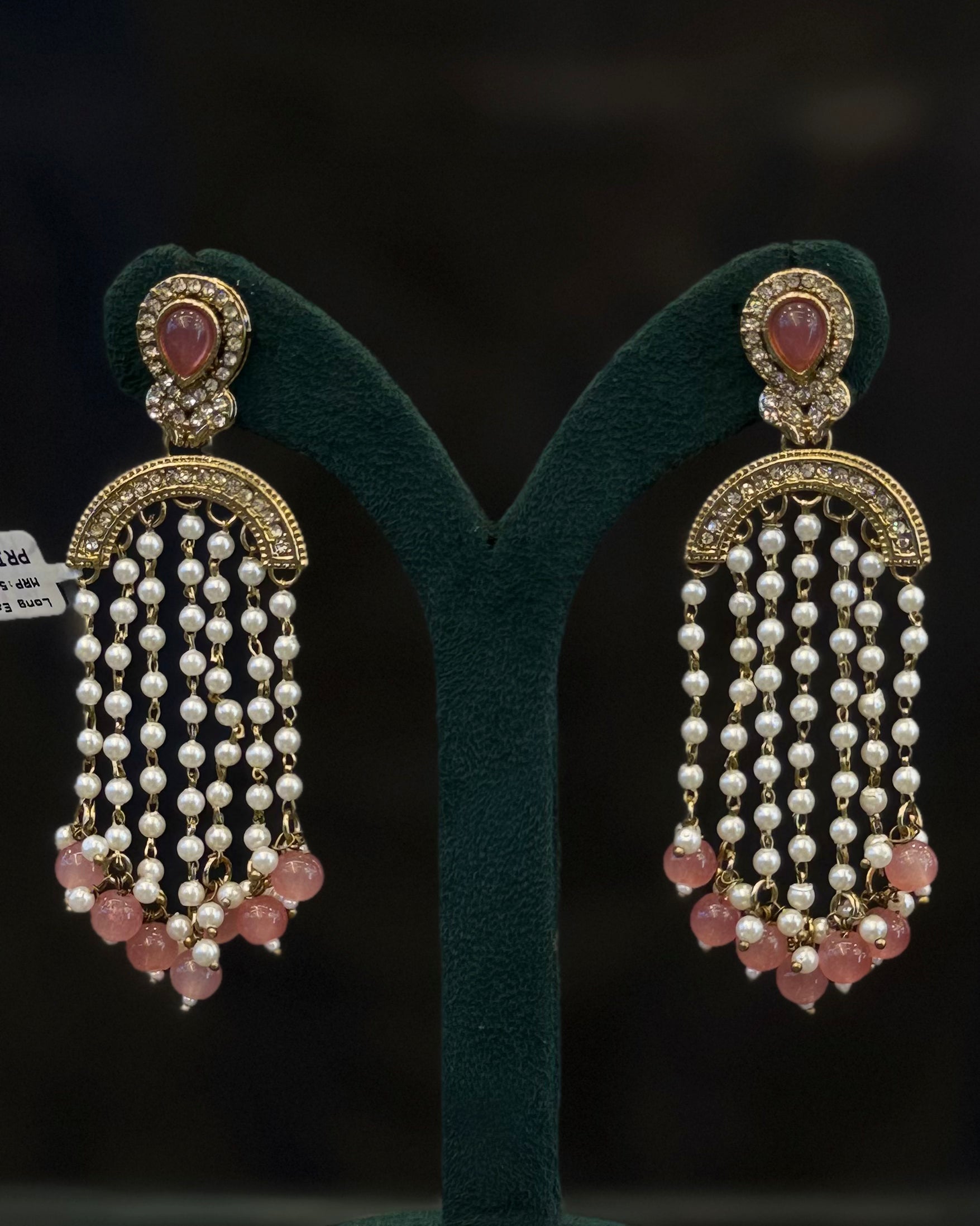 Gold-Tone Pearl Tassel Earrings with Crystal Teardrop Studs | THV517