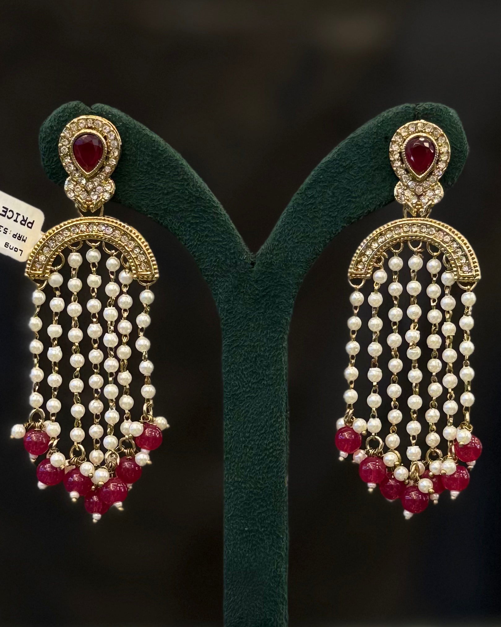 Gold-Tone Pearl Tassel Earrings with Crystal Teardrop Studs | THV517