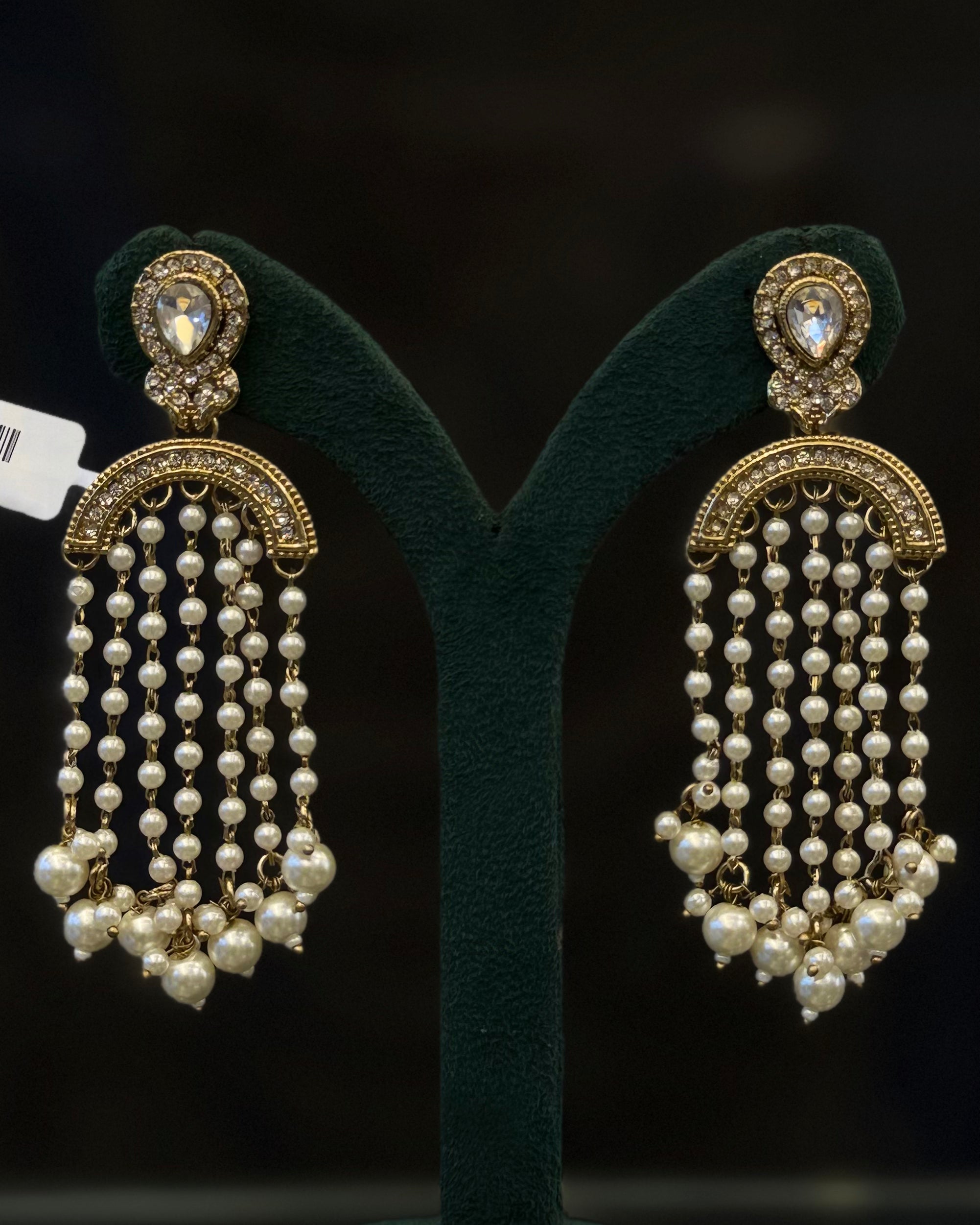 Gold-Tone Pearl Tassel Earrings with Crystal Teardrop Studs | THV517
