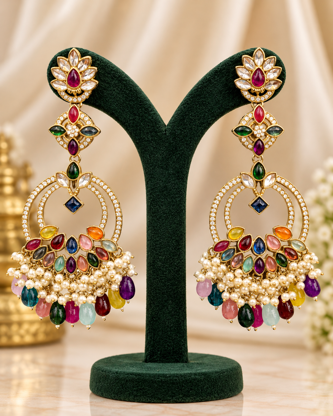 Multicolor Kundan Gold-Plated Traditional Chandbali Earrings with Pearl & Stone Drops | THV518