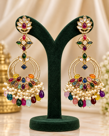 Multicolor Kundan Gold-Plated Traditional Chandbali Earrings with Pearl & Stone Drops | THV518