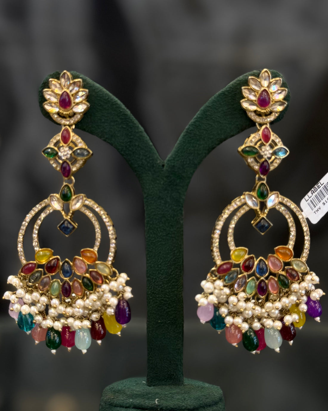 Multicolor Kundan Gold-Plated Traditional Chandbali Earrings with Pearl & Stone Drops | THV518