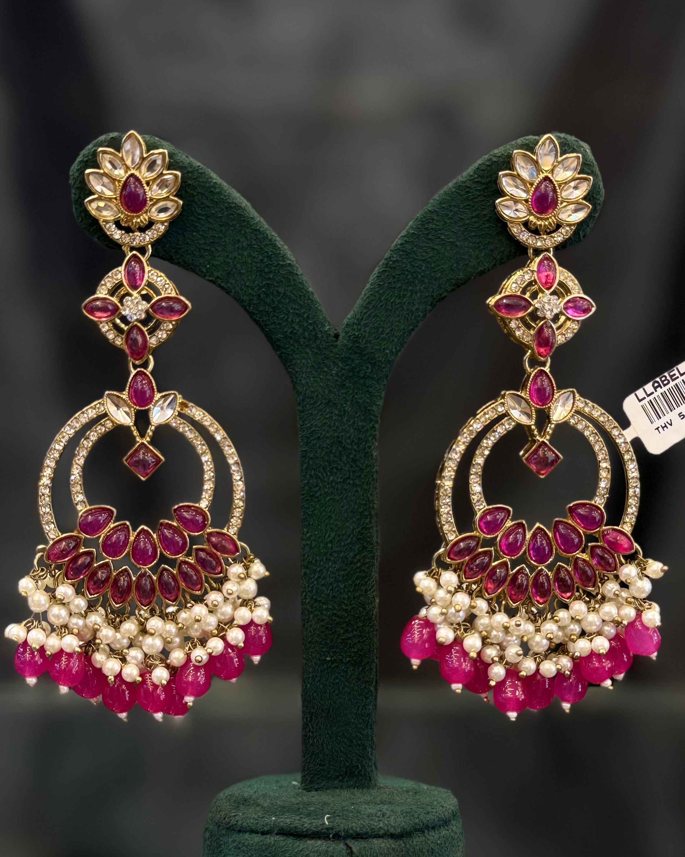 Multicolor Kundan Gold-Plated Traditional Chandbali Earrings with Pearl & Stone Drops | THV518