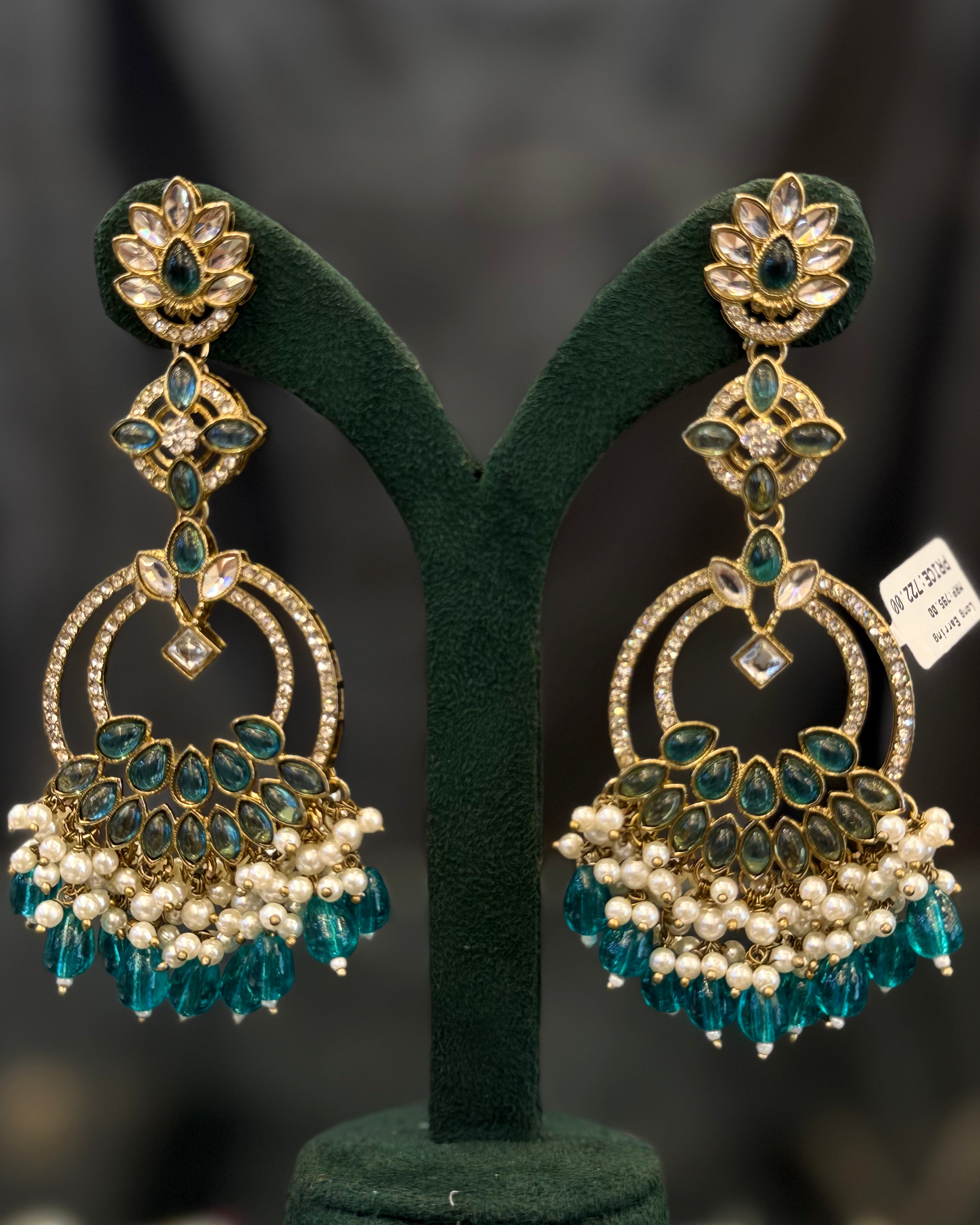 Multicolor Kundan Gold-Plated Traditional Chandbali Earrings with Pearl & Stone Drops | THV518
