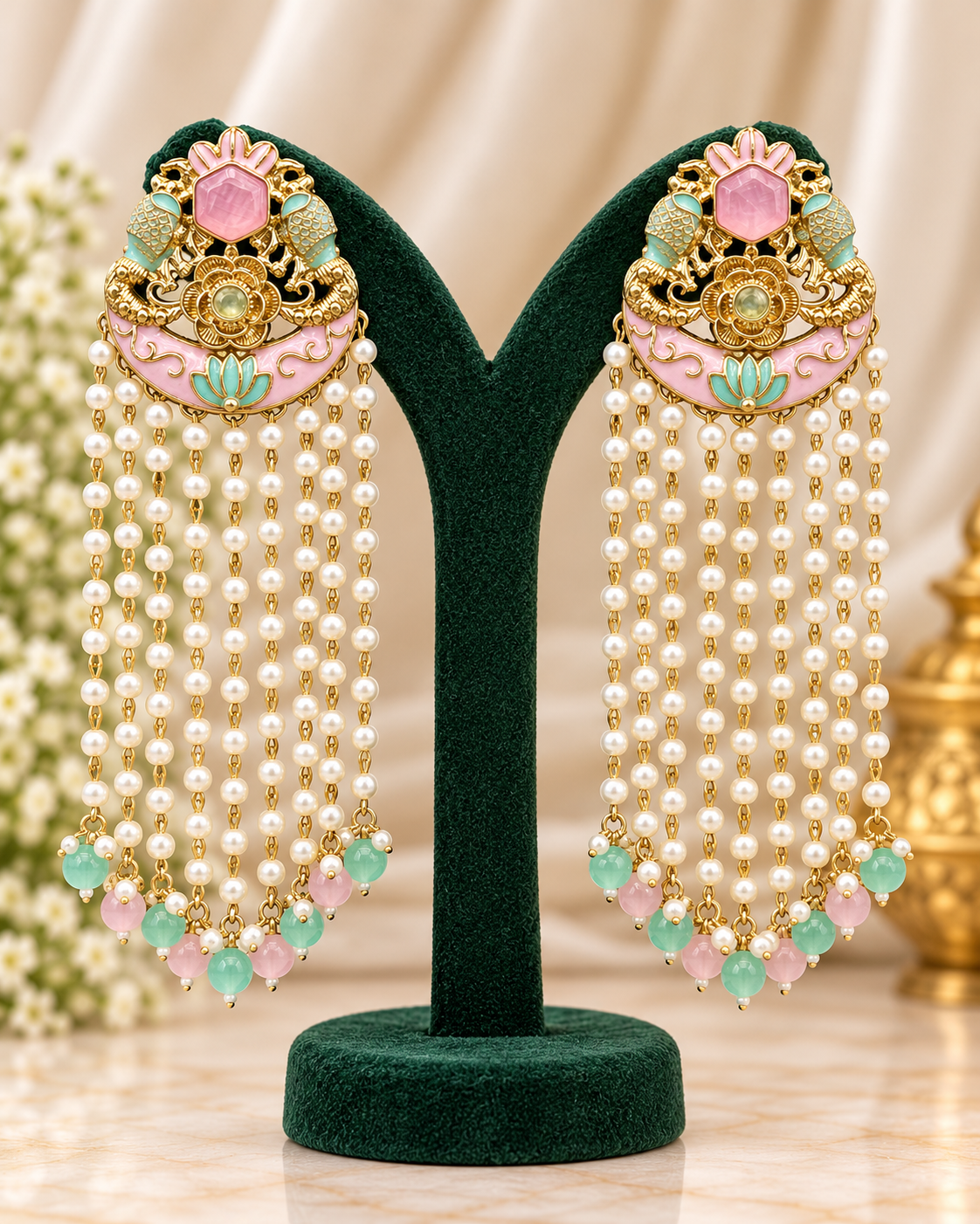 Traditional Floral Pearl Tassel Earrings with Gold-Tone Detailing | THV522