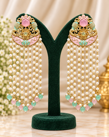 Traditional Floral Pearl Tassel Earrings with Gold-Tone Detailing | THV522
