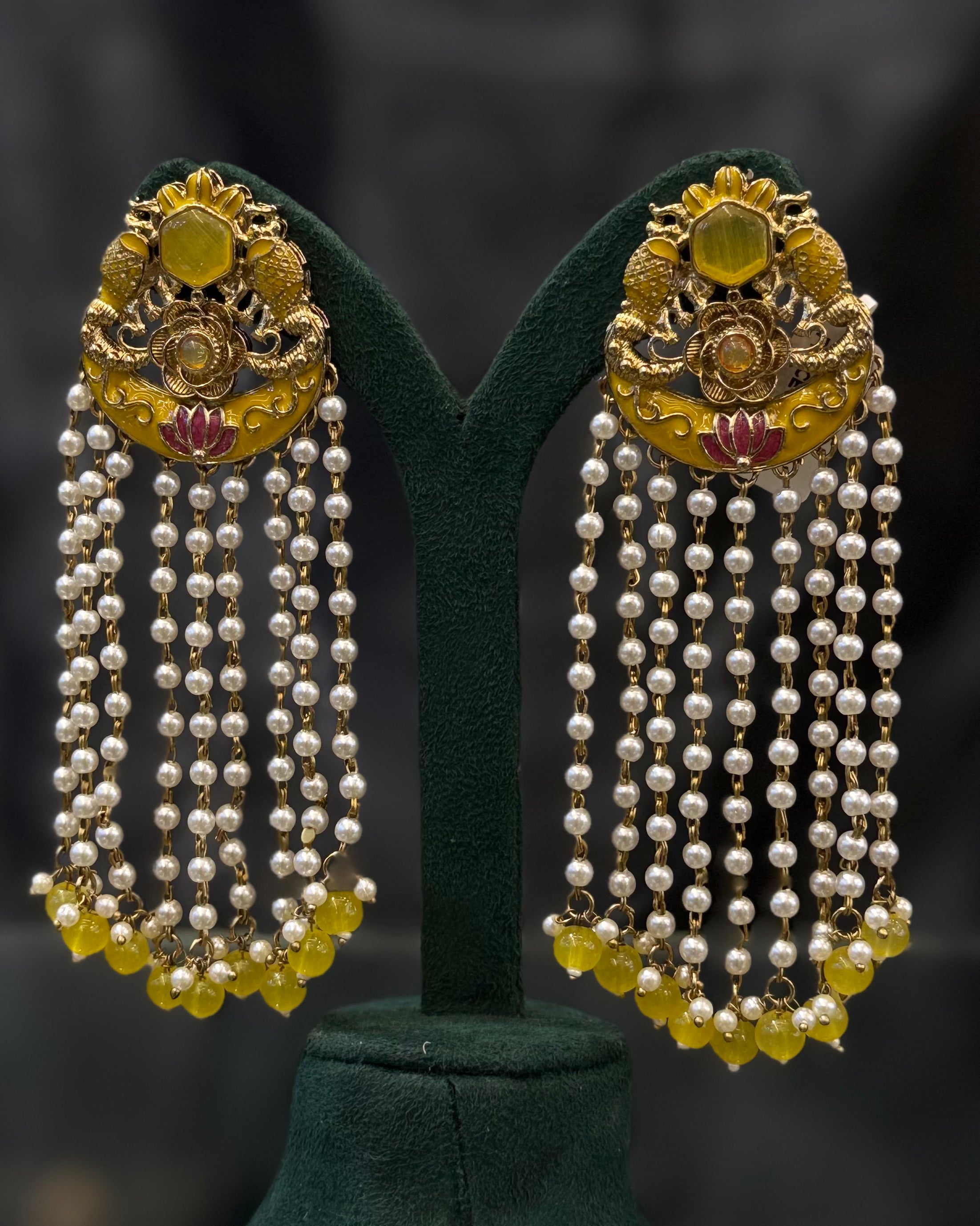 Traditional Floral Pearl Tassel Earrings with Gold-Tone Detailing | THV522