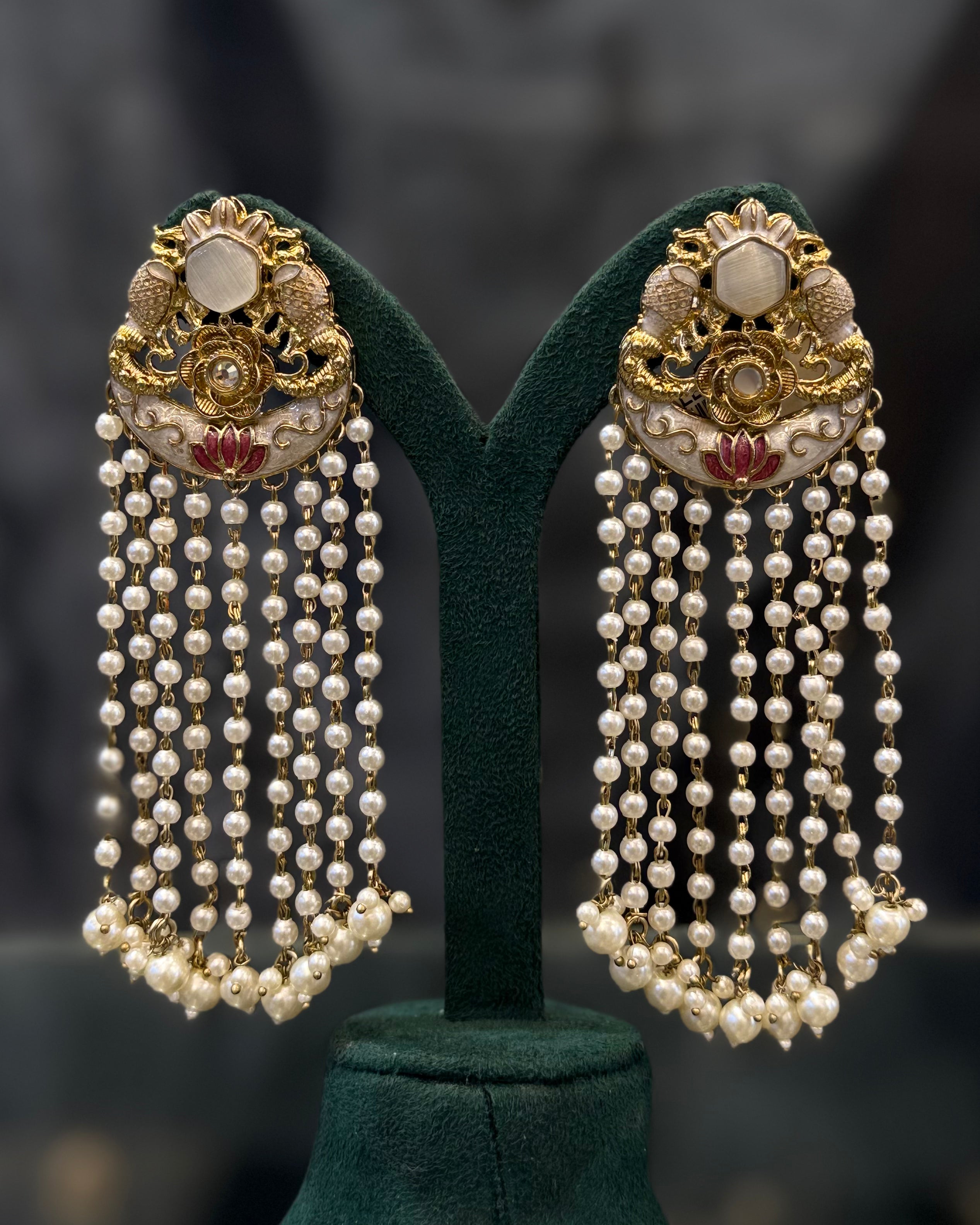 Traditional Floral Pearl Tassel Earrings with Gold-Tone Detailing | THV522
