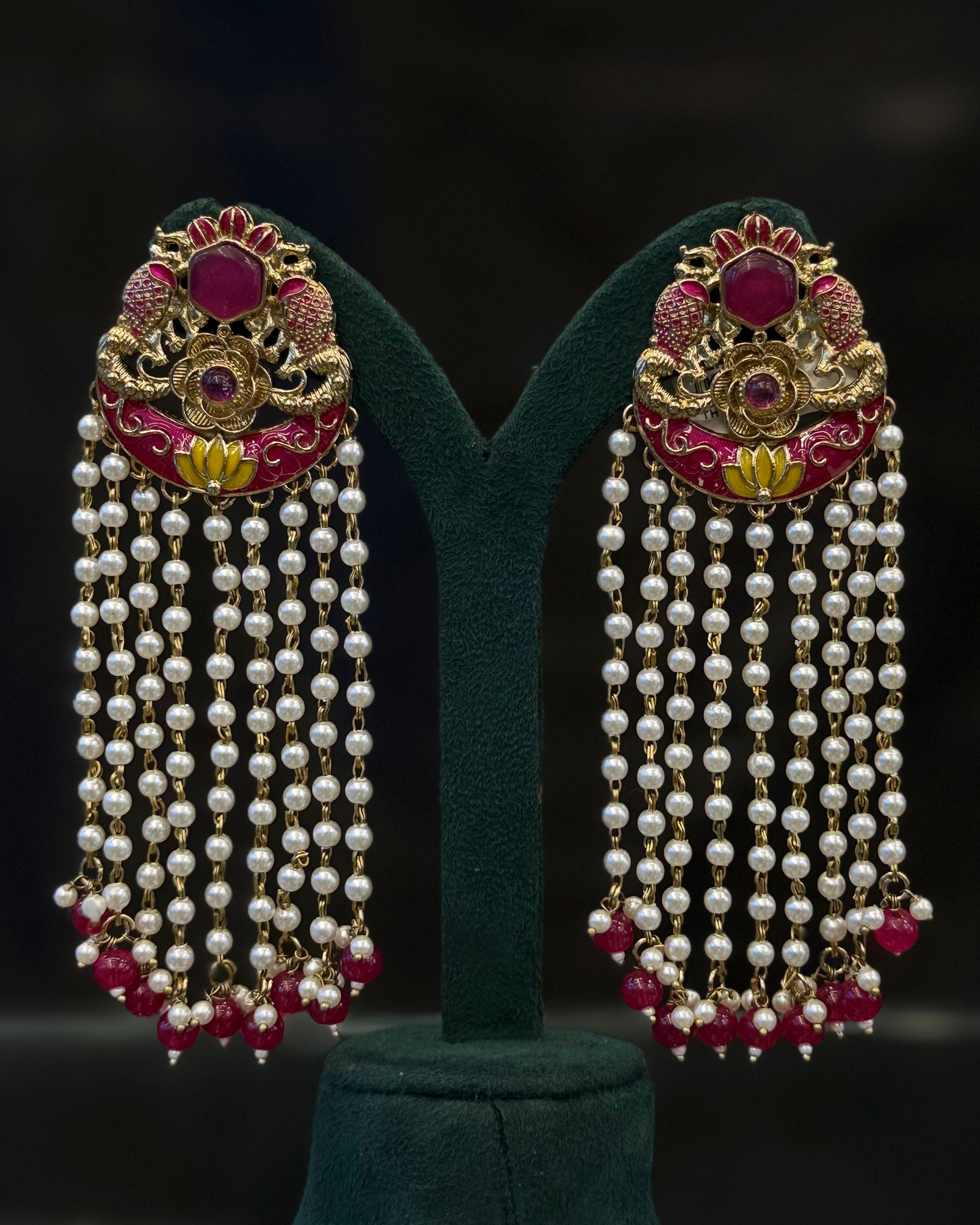 Traditional Floral Pearl Tassel Earrings with Gold-Tone Detailing | THV522