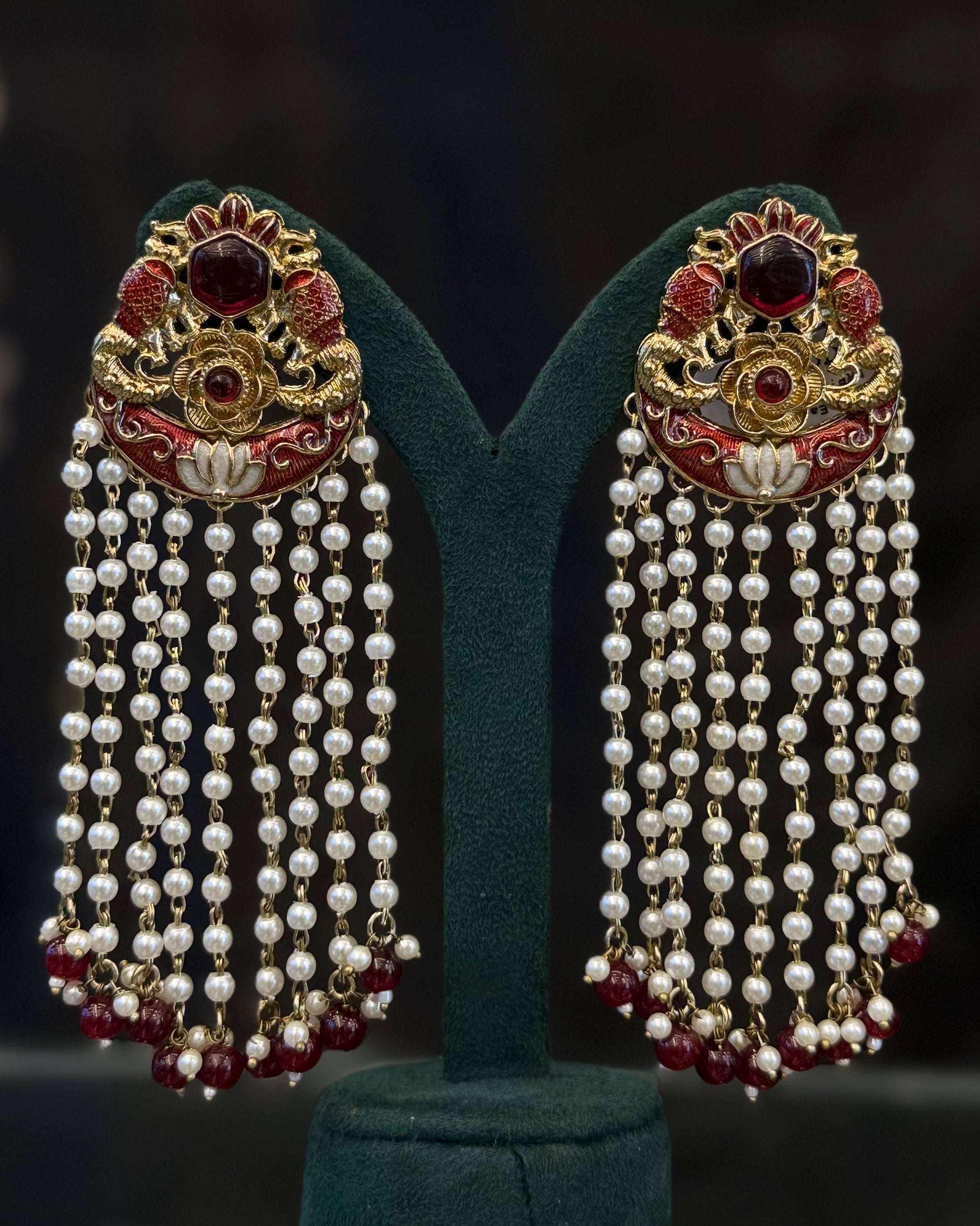 Traditional Floral Pearl Tassel Earrings with Gold-Tone Detailing | THV522