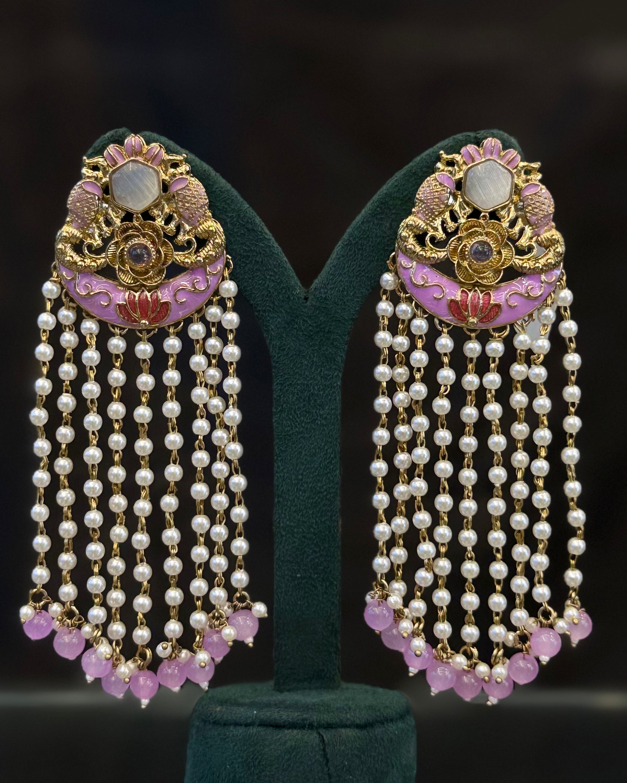 Traditional Floral Pearl Tassel Earrings with Gold-Tone Detailing | THV522
