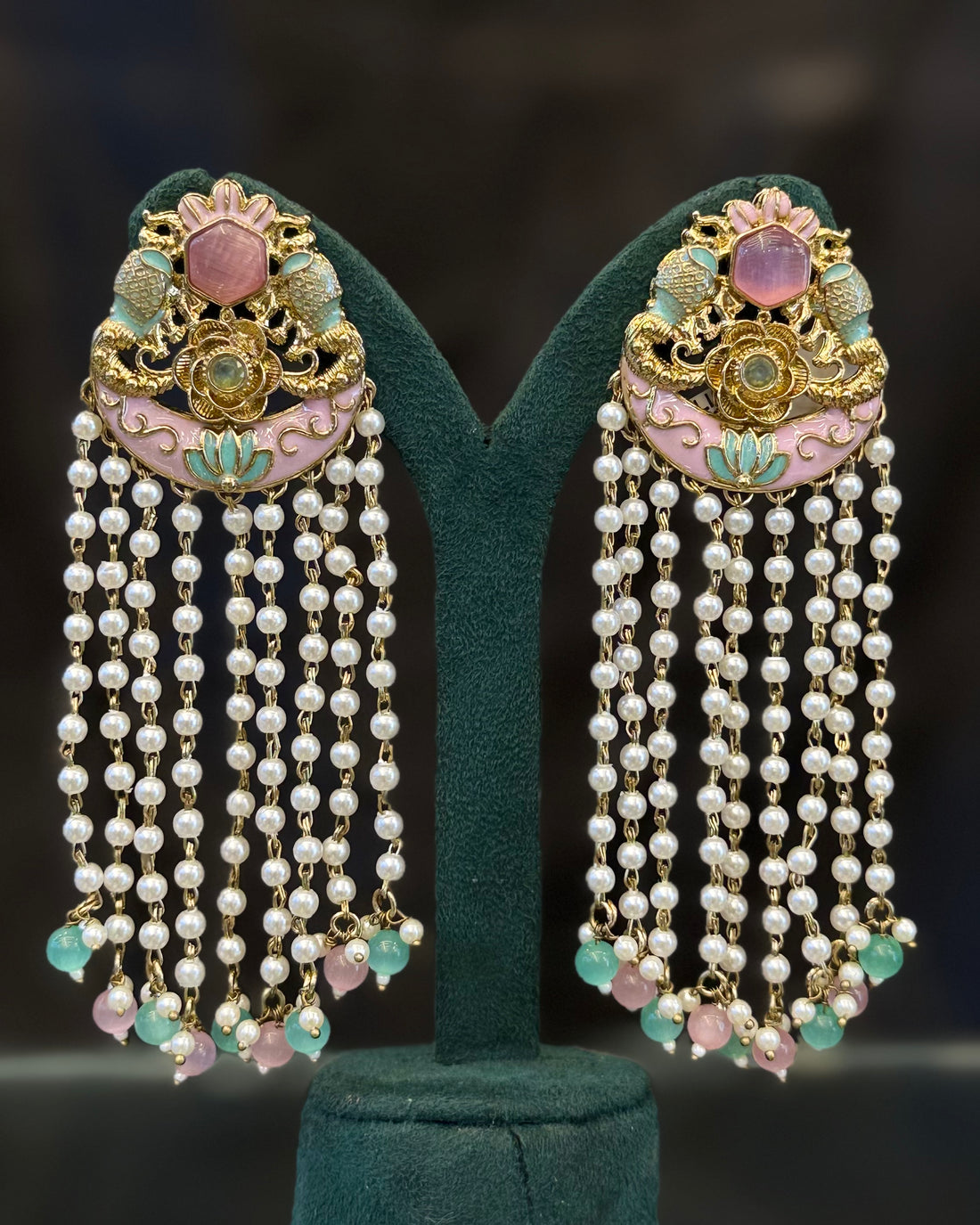 Traditional Floral Pearl Tassel Earrings with Gold-Tone Detailing | THV522