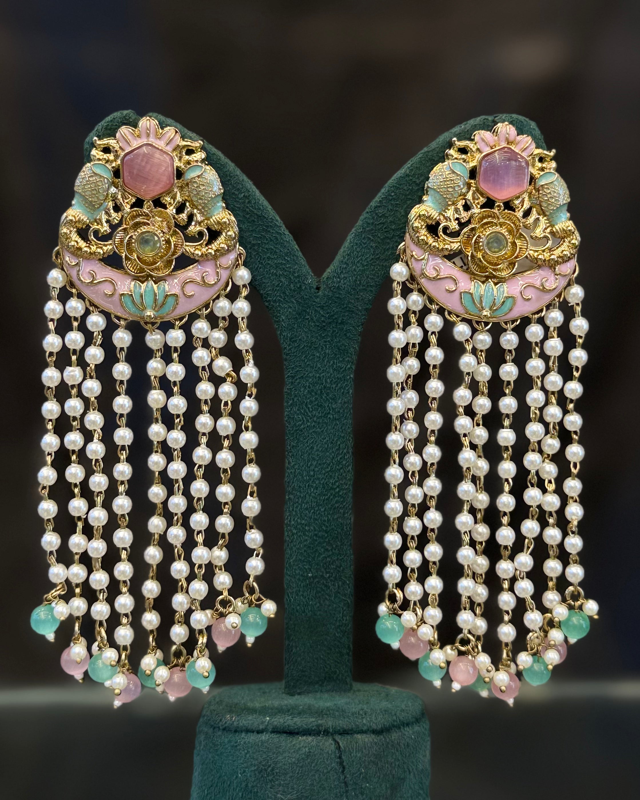 Traditional Floral Pearl Tassel Earrings with Gold-Tone Detailing | THV522